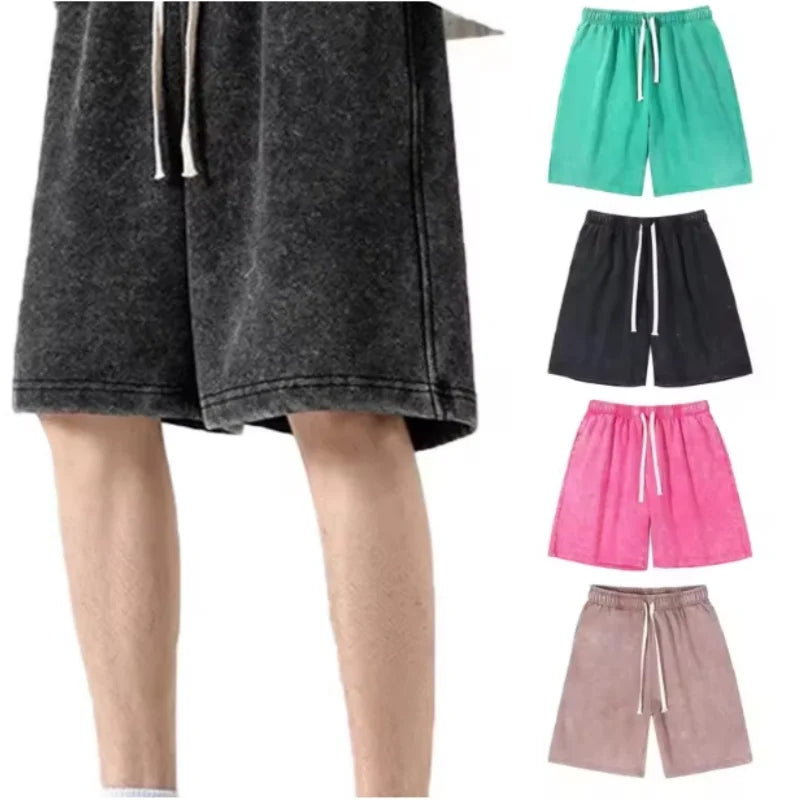 2026 New Distressed Summer Shorts Men 320G Heavy Cotton Drawstring Harajuku Loose Sweatshorts Male Casual Short Pant Streetwear
