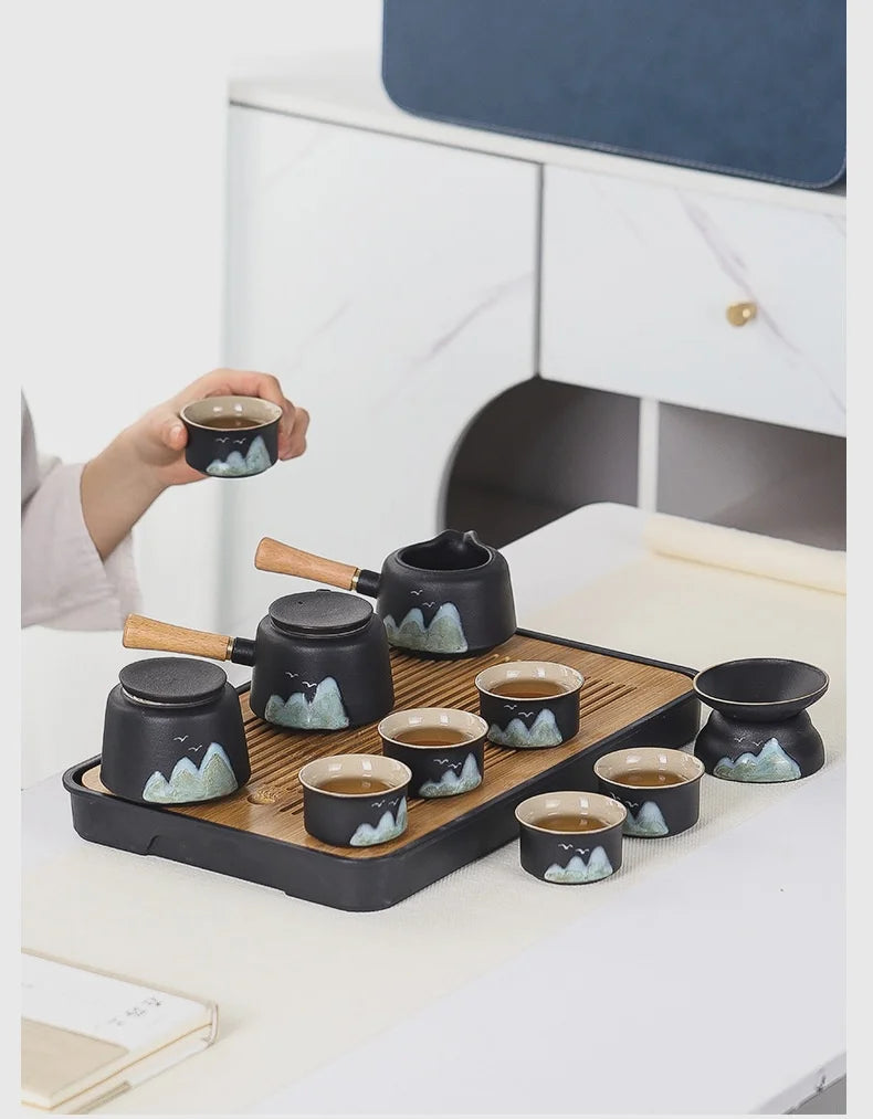11pcs Japanese Travel Tea Set with Teapot Tea Cups And Bamboo Tray Hand-Painted Ceramic Tea Set with Gift Box And Storage Box
