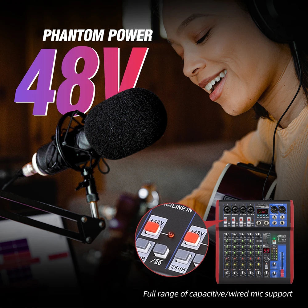 4 6 8-channel portable audio mixer, 99 DSP digital effects, Bluetooth 5.0 USB tuner for DJ consoles, karaoke, music festivals