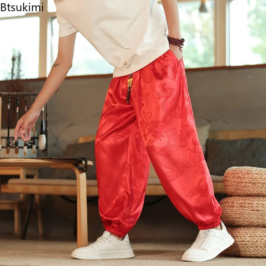 2026 Men's Chinese Style Pants Summer Ice Silk Casual Trousers Vintage Dragon Print High Quality Loose Wide Leg Harem Pants Male
