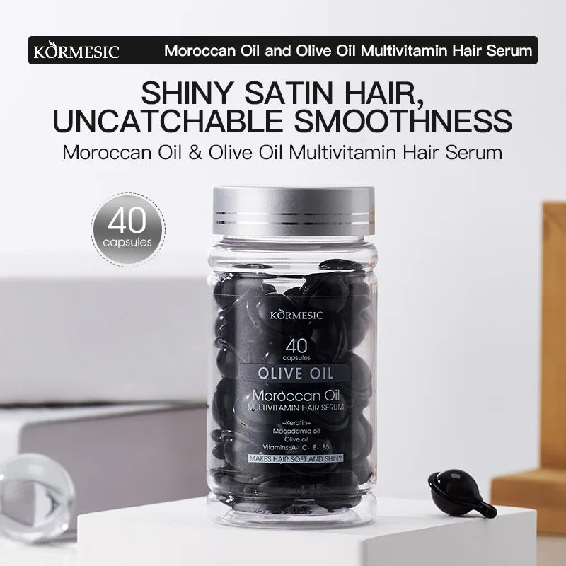 1ml*40 Capsules of Moroccan Oil and Olive Oil Multivitamin Hair Care Essence, Containing Moroccan Oil and Olive Oil Essence Ingredients, Smoothes Dry, Frizzy Hair, Repairs Split Ends, Strengthens Hair, Makes Your Hair More He