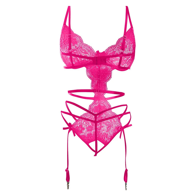 Erotic Lingerie For Women Sexy Costume Garter + Thong Set Lace Mesh Nightie Deep V Suspenders Baby Doll Dress Porn Underwear Set