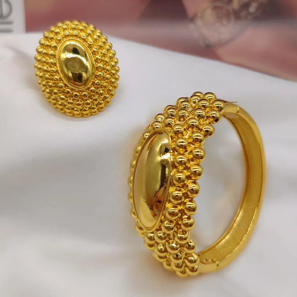 ethiopian hand gold color bracelet bangles rings set for Women bracelet Rings Jewelry Gift Weddings party set