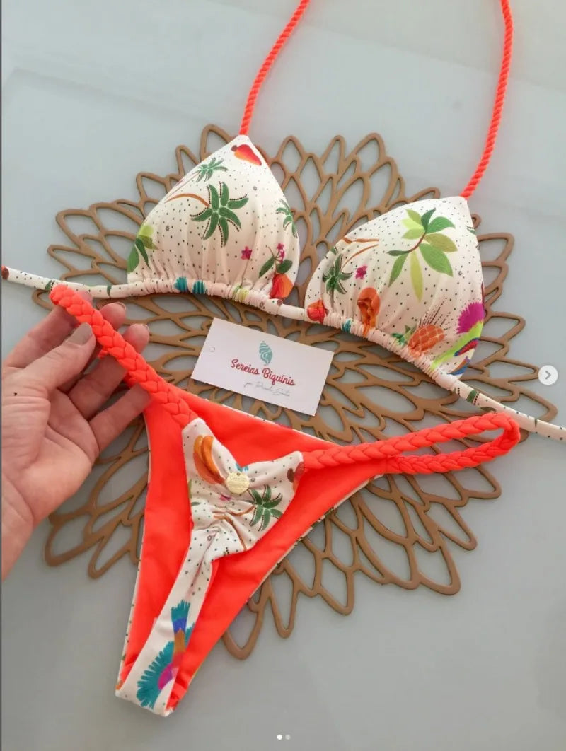 2026 New Bikinis Women Swimsuit Sexy Swimwear Halter Bikini Set Lace-up Biquine Brasileiro Thong Print Beachwear Party Wear