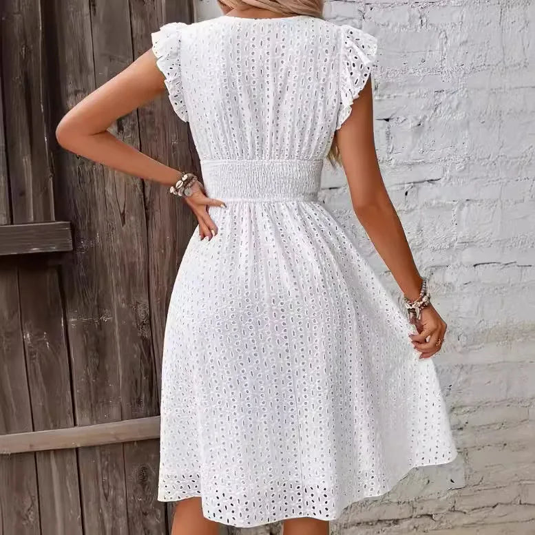 2024 new multi colored summer women's clothing fashionable temperament casual commuting lotus leaf sleeve elegant dress