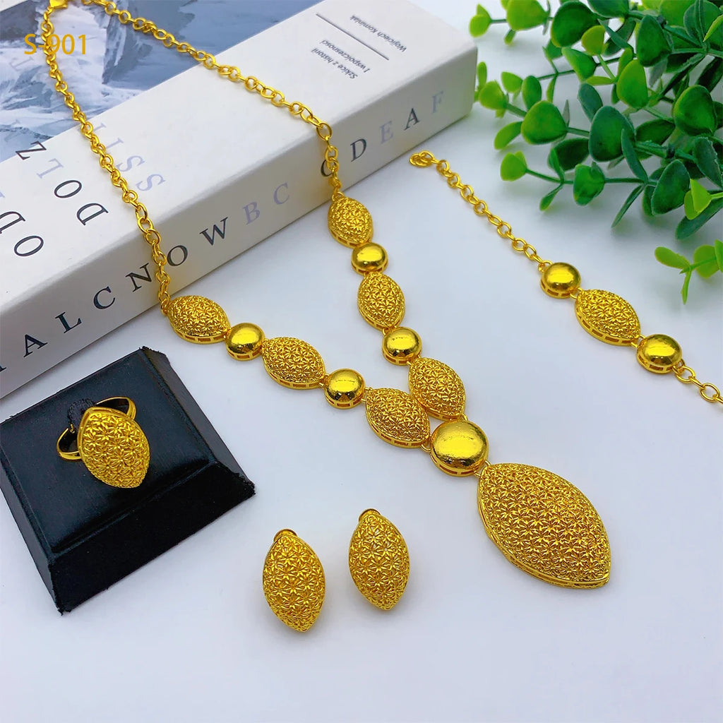 Ethiopian 24k Gold Plated Jewelry Sets for Women Costume Dubai Bridal Round Necklace Earrings Sets Nigerian Wedding Gifts