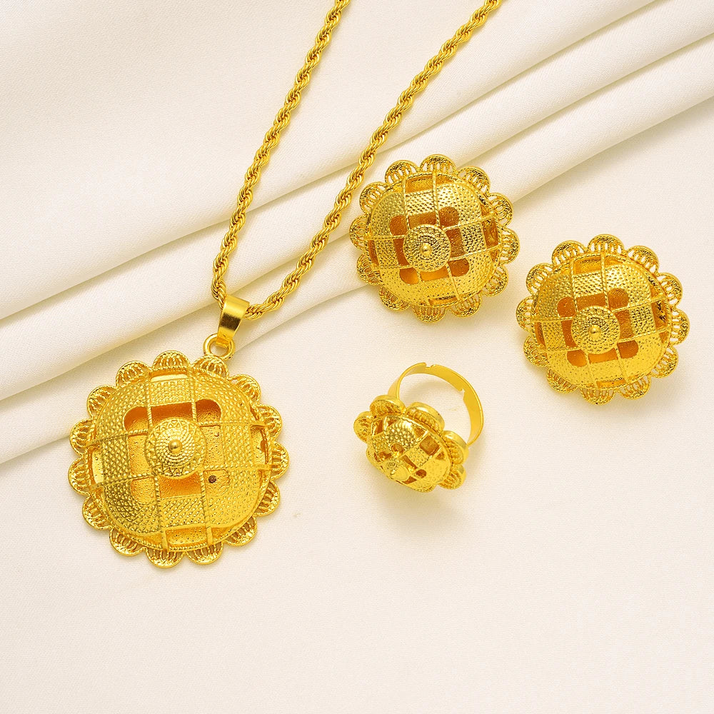 24K Gold Plated Fashion Ethiopian Earrings/Pendant/Ring Jewelry Sets Gold Plate Africa Bride Wedding Eritrea Set Gift