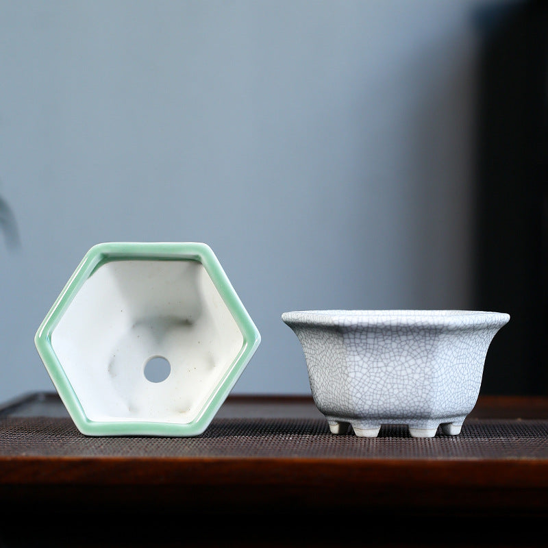 Chinese Purple Clay succulent Flowerpot Glazed Ceramic Bonsai Pot Creative Crack Small Pot Tabletop Potted Hexagonal Flower Pots