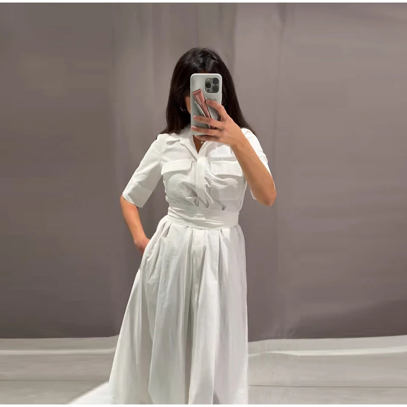 Casual Striped Women Summer Dress Lapel Single Breast Half Sleeve Slim Waist Long Dresses 2025 Autumn Lady Fashion Vacation Robe