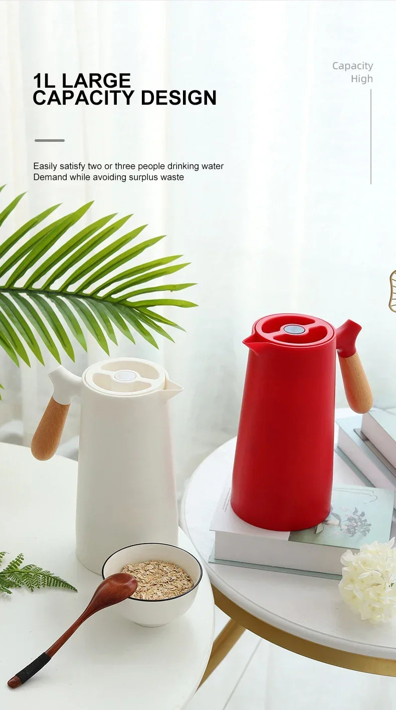 1L European Style Insulated Kettle Household Hot Water Bottle Insulated Bottle Wooden Handle Large Capacity Warm Water Kettle