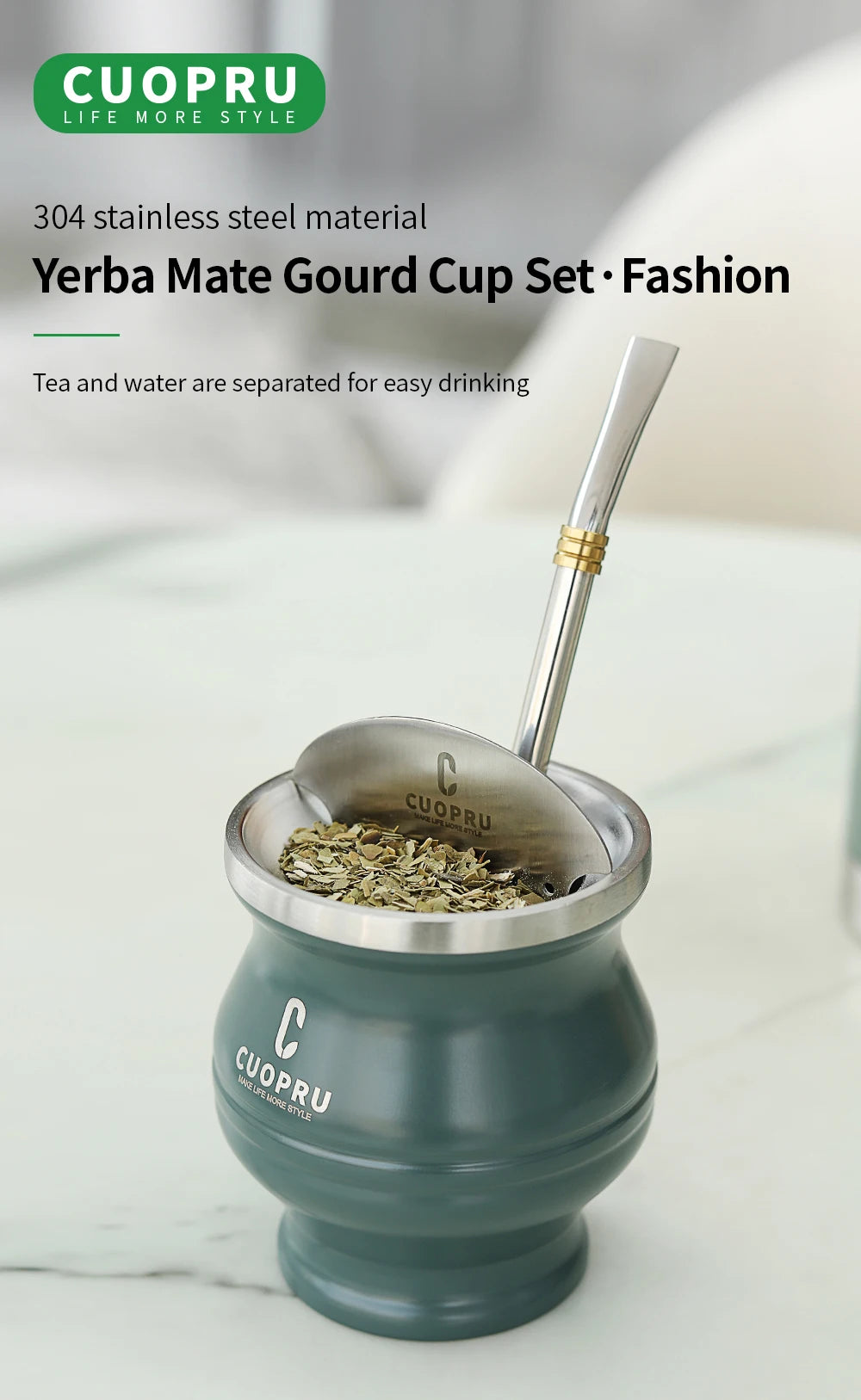 5 in 1 Yerba Mate Cup Set, Include CUOPRU Double Walled StainlMate Gourd, Tea Separator set, Bombillas(Straw) and Cleaning Brush