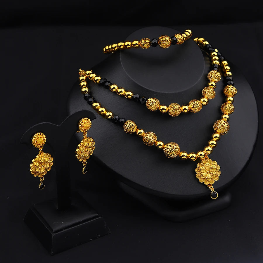 3PCS Ethiopian jewelry set for Women, gold Black Beads Dubai Habesha Earring Necklace African Middle East bride wedding gift,
