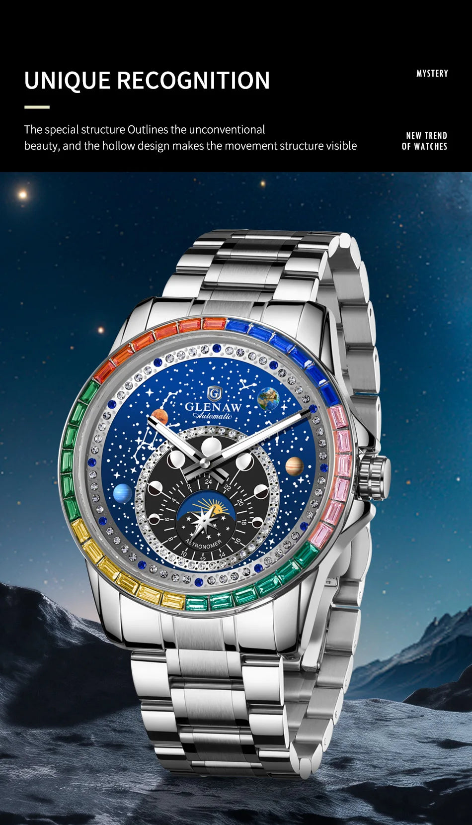 2025 New GLENAW Rainbow Circle Mechanical Watch Men Constellation dial Design Night Light Waterproof Top Luxury Mechanical Watch