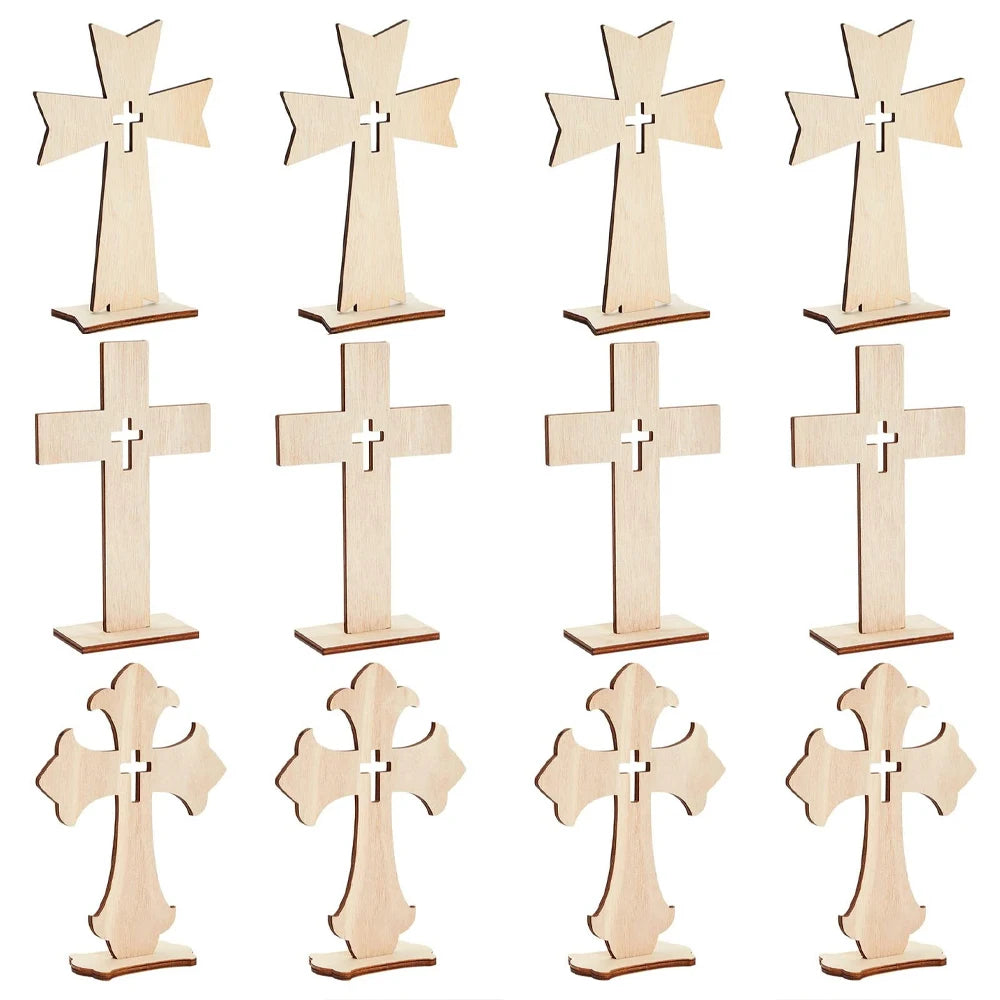 12PC Wooden Cross Crafts Creative Festival Accessories Wooden Cross Crafts Halloween Ornaments Wood Chips