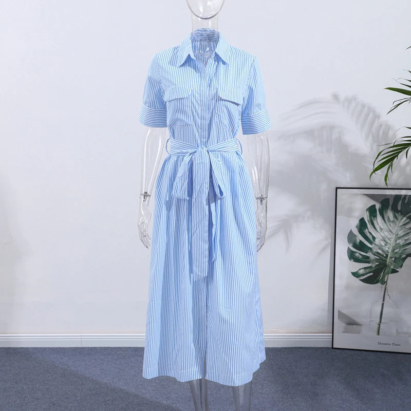 Casual Striped Women Summer Dress Lapel Single Breast Half Sleeve Slim Waist Long Dresses 2025 Autumn Lady Fashion Vacation Robe