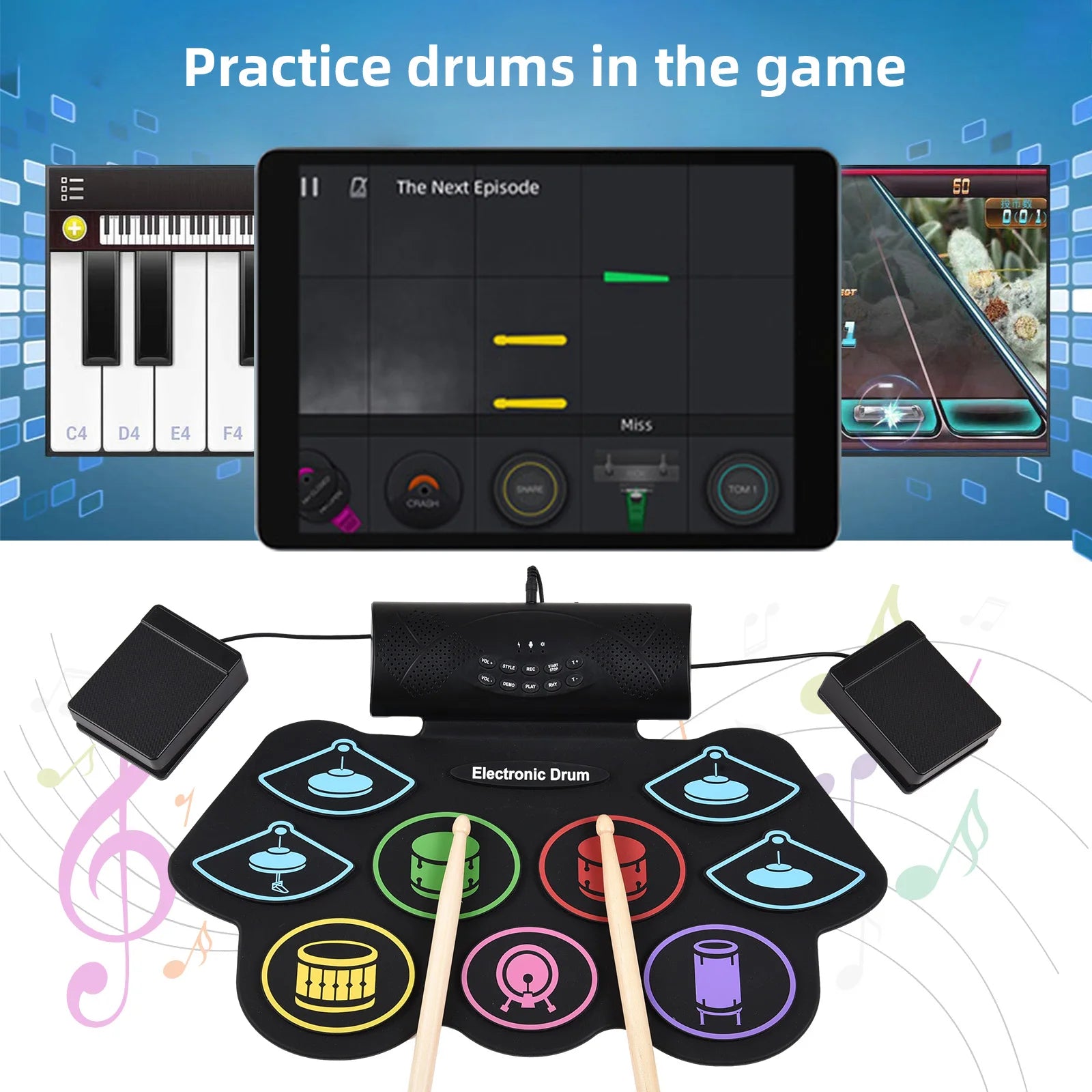 Electronic Drum Set Hand Roll Drum Percussion Instrument 9 Pads BT External Sound Drumsticks Foot Pedal MIDI Interface Speaker