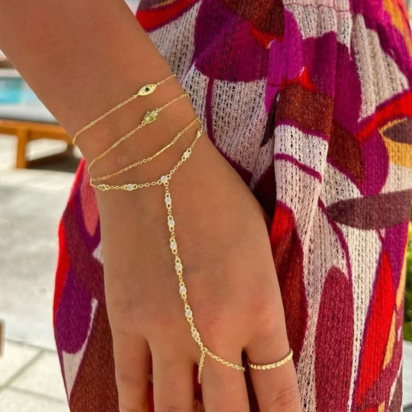 2023 Summer Jewelry Pendant Link Chain Ring Bracelet for Women White Green Blue Stone CZ Gold Plated Adjust Bracelet Accessories