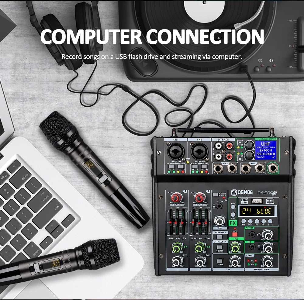 4 Channel Karaoke Audio Mixer with Dual UHF Wireless Microphone USB Bluetooth DJ Mixer for Party Computer Studio Recording DGNOG