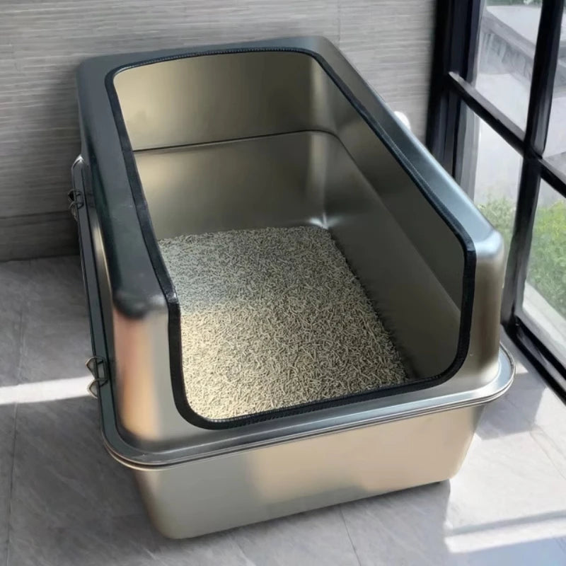 Extra-Large 60cm Cat Litter Box Stainless Steel Cat Poop Tray Raised Fence Cat Toilet Odor-Proof Anti-Splash Pet Litter Box