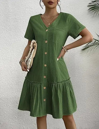 Casual Cotton Linen Summer Mini Dress For Women V-Neck Ruffles Short Sleeve Short Dress Ladies Fashion Loose Button Dresses