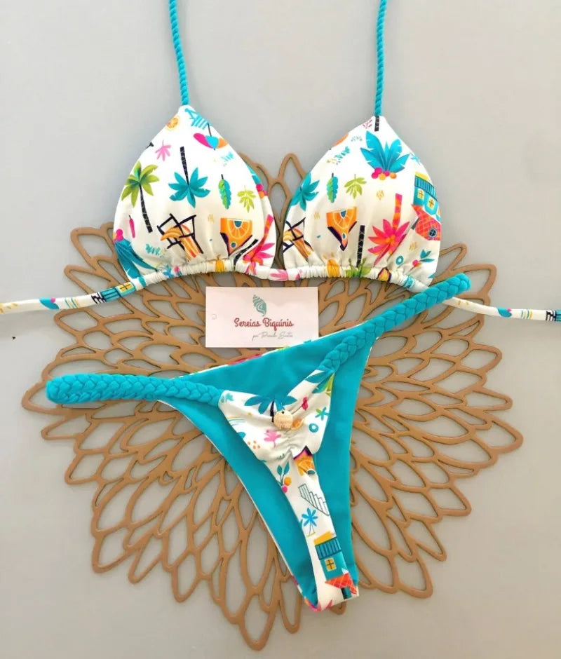 2026 New Bikinis Women Swimsuit Sexy Swimwear Halter Bikini Set Lace-up Biquine Brasileiro Thong Print Beachwear Party Wear