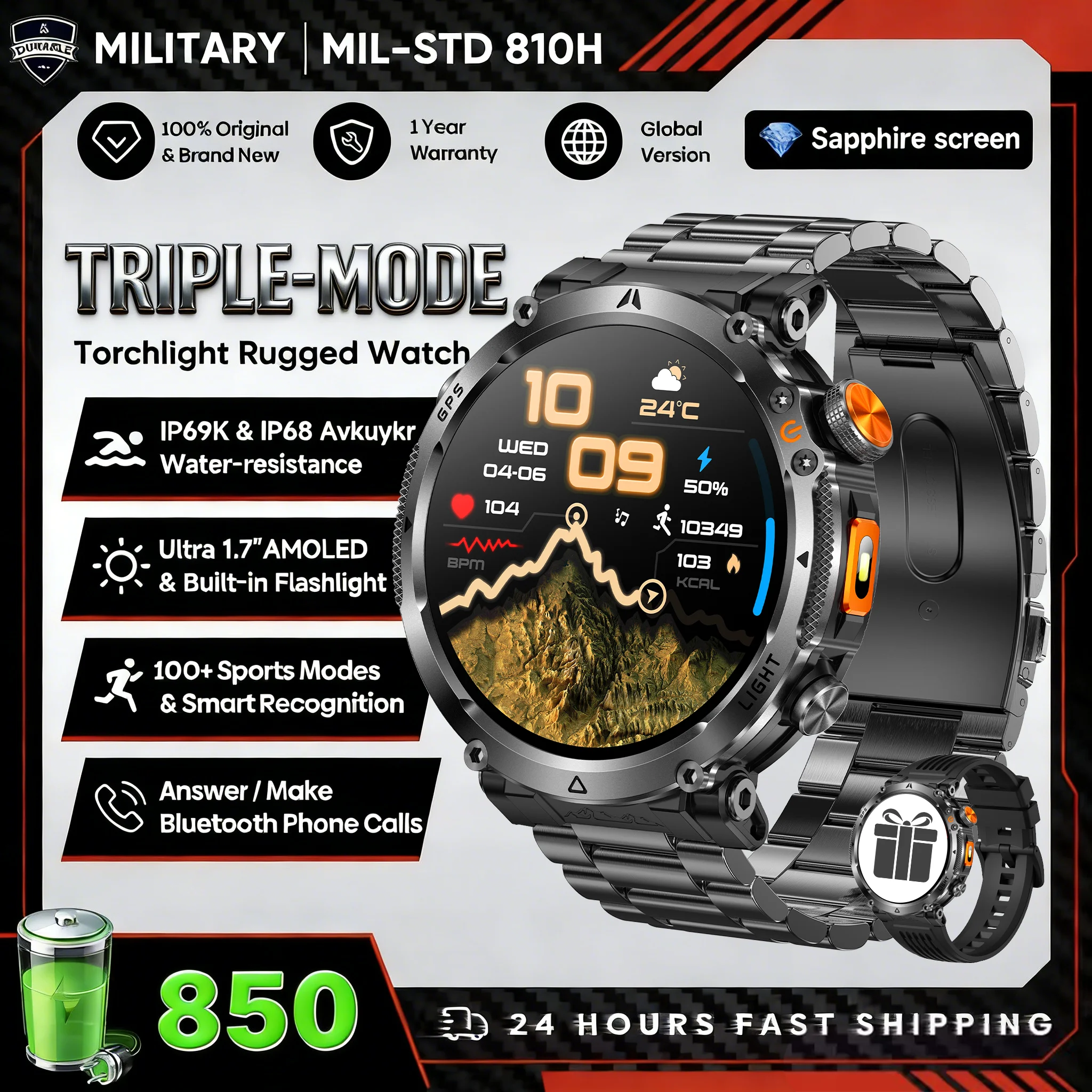 2026 New GPS Ultra Outdoor Sports Smart Watch 1.7" AOD Compass 5ATM Waterproof 170+ Sports Man Durable Military Call Smartwatch