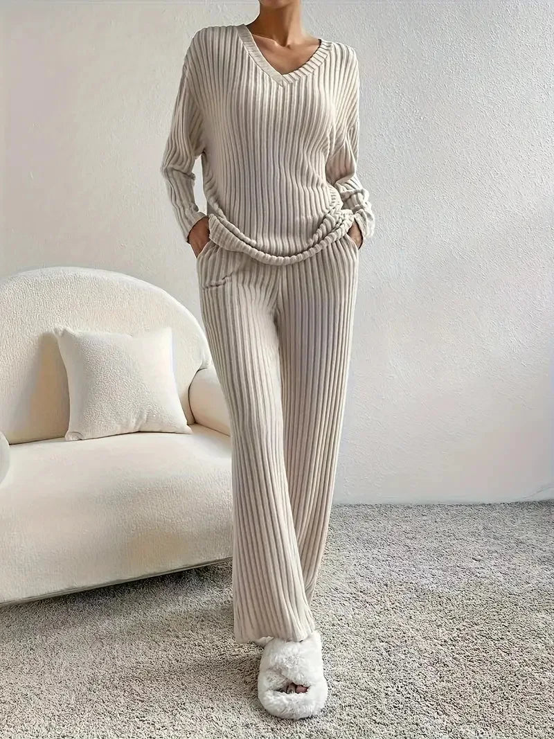2025 Spring Fashion Women Homewear Set New Style Straight-leg Pants +Loose-fit V-neck Ribbed Knit Sweater Female Casual Pajamas