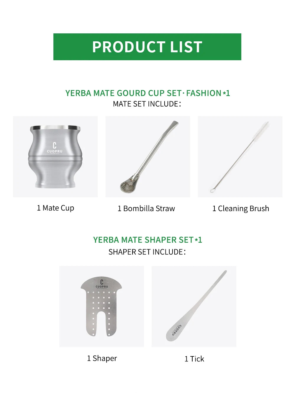 5 in 1 Yerba Mate Cup Set, Include CUOPRU Double Walled StainlMate Gourd, Tea Separator set, Bombillas(Straw) and Cleaning Brush