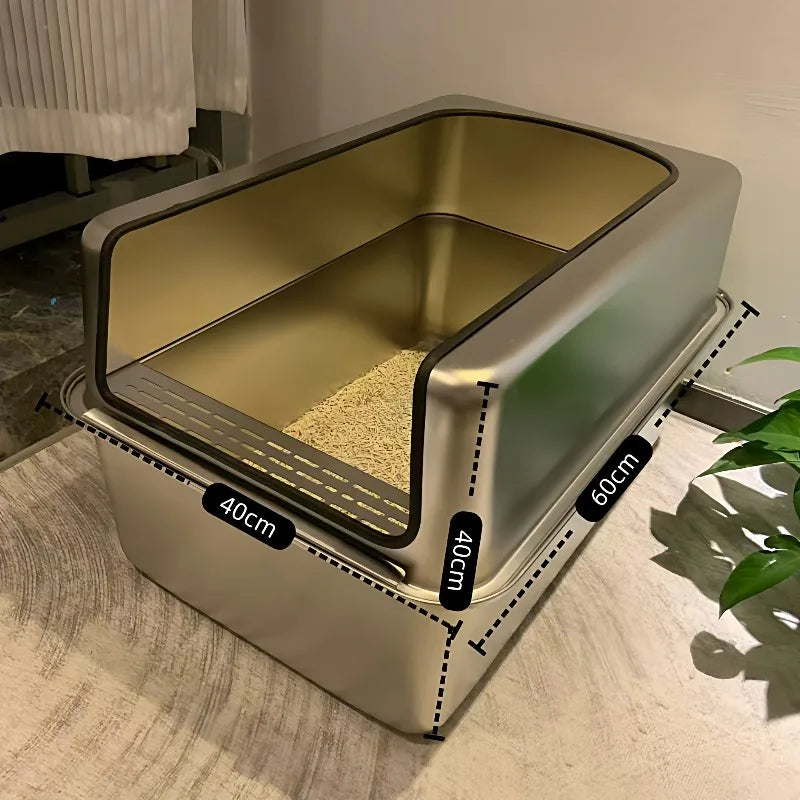 Extra-Large 60cm Cat Litter Box Stainless Steel Cat Poop Tray Raised Fence Cat Toilet Odor-Proof Anti-Splash Pet Litter Box