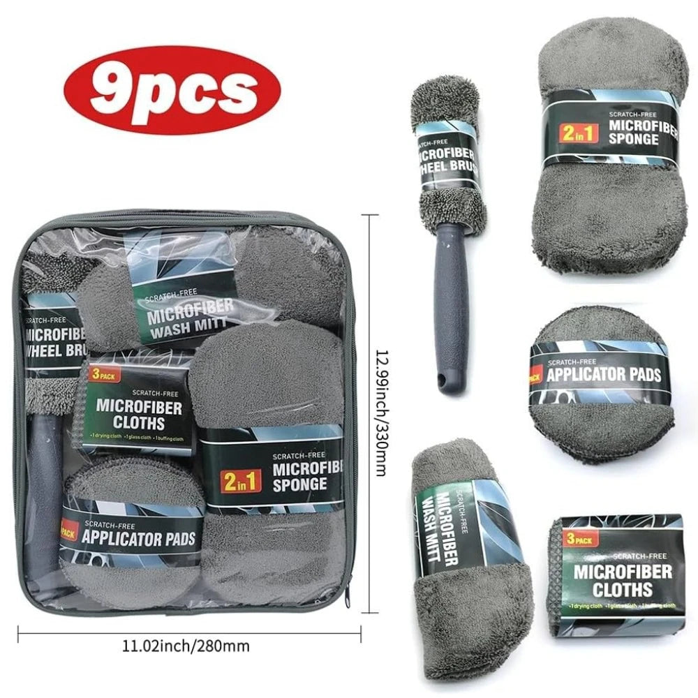 Car Washing Towel 9-Piece Microfiber Car Wash Cleaning Kit Detailing Tools Set for Interior Exterior for Cleaning Cars Casement