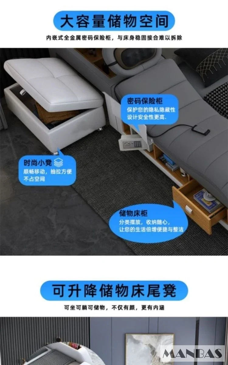 D MANBAS Tech Smart Genuine Leather Bed | Multifunctional Ultimate Beds | Massage Tatami Bed With Projecter | Upholstered Cama