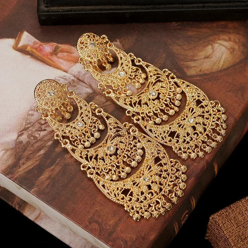 Arab Muslim Wedding Jewelry Gold Plated Pendant Earrings Crystal Moon Shape Ethiopian Turkish Bridal Gift Fashion Accessories