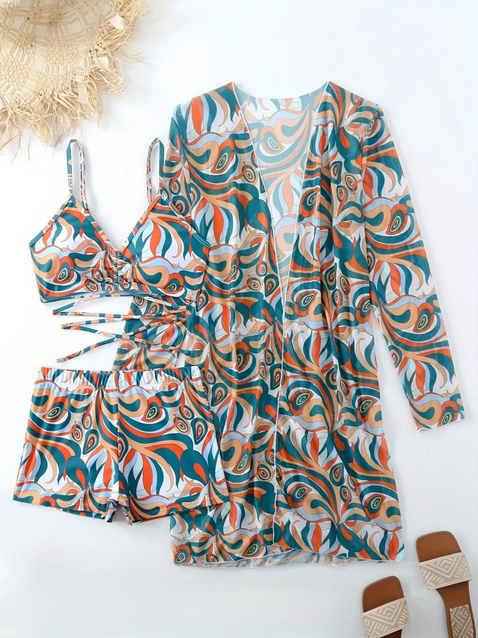 3 Pieces Tie Dye Bikinis Swimsuit 2025 New Women Drawstring Front Swimwear Female High Waist Shorts Bathers Swim Suit Beachwear