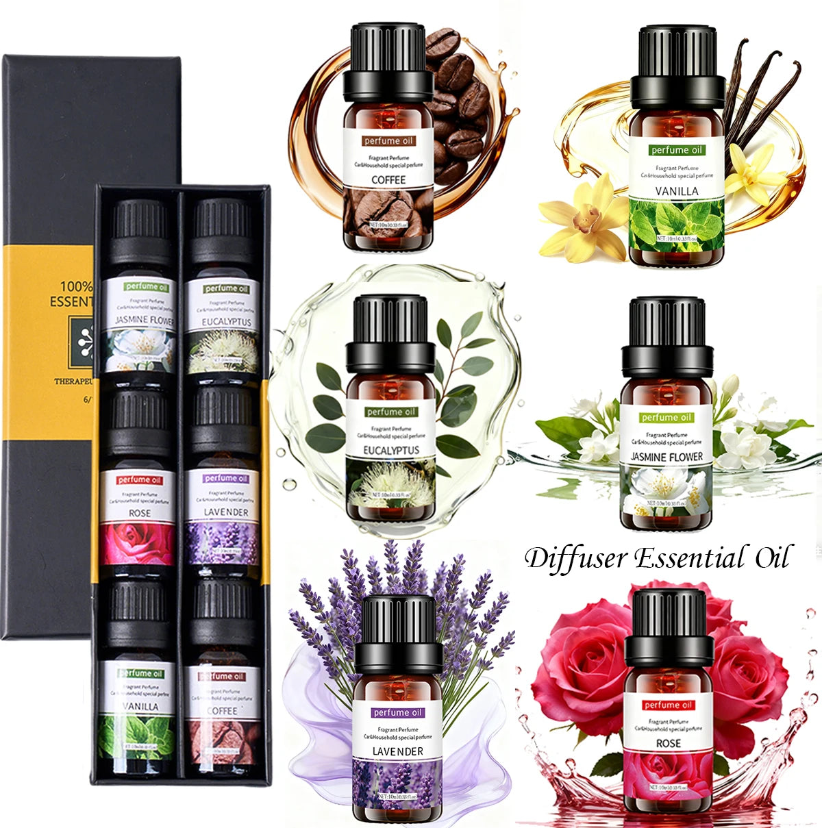 6pcs/set 10ml/bottle Essential Oil Natural Plant Water-soluble Aromatherapy Humidifier Indoor Diffuser Massage Oil DIY Candle