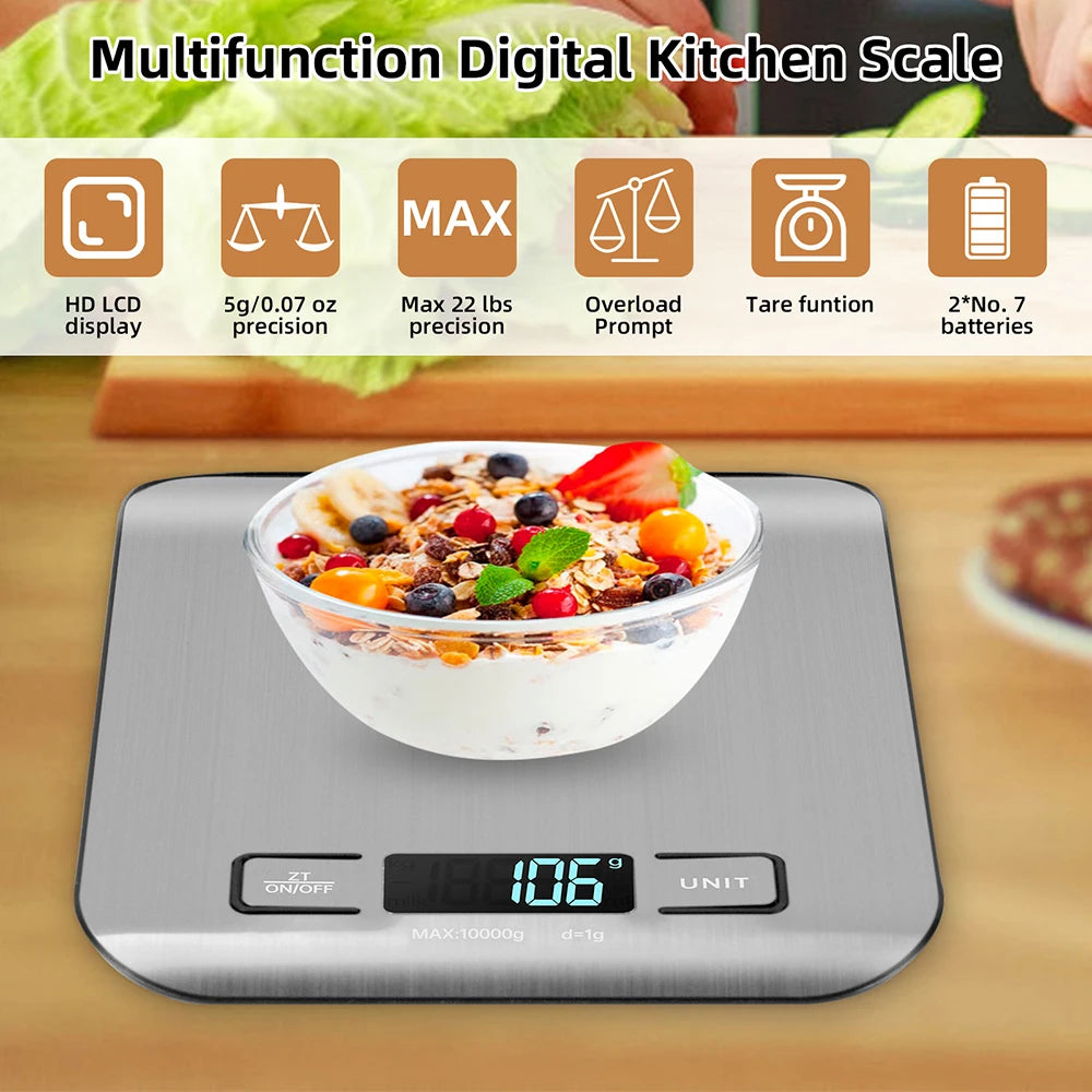 Digital Kitchen Scale LED Display 10kg/1g Stainless Steel Panel Electronic Scales Home Jewelry Food Snacks Weighing Baking Tools