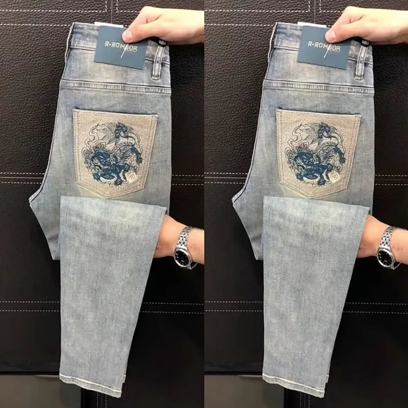 Ele Men's Jeans Casual Slim Fit Embroidered Elastic Summer New Sle Faionable Lightweight Faion Urban Youth Jeans