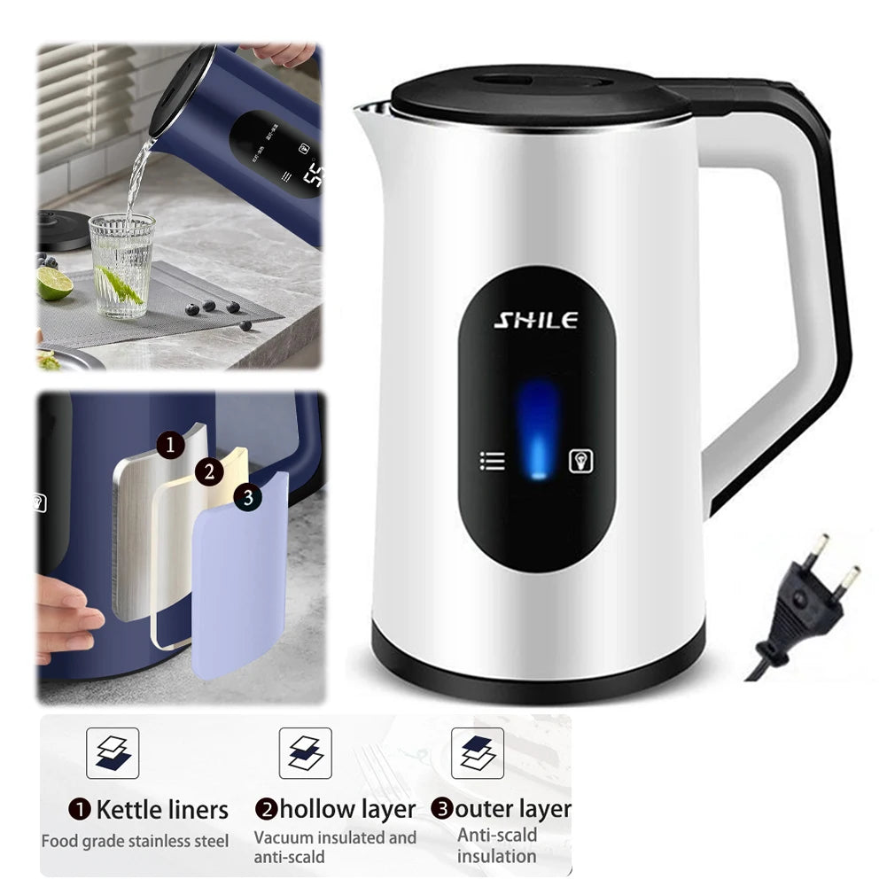 2.2L Stainless Steel Electric Digital Display Large Tea Kettle Auto-Shutoff Thermal Water Kettle 1500W Fast Boil Boil Water Pot