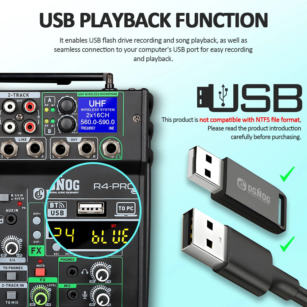 4 Channel Karaoke Audio Mixer with Dual UHF Wireless Microphone USB Bluetooth DJ Mixer for Party Computer Studio Recording DGNOG