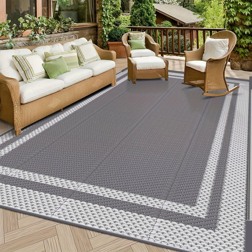6' x 9' Outdoor Mat with Ground Pegs - Durable PP Material, Gray and White Grid Pattern, Perfect for Patio, Camping and Outdoor
