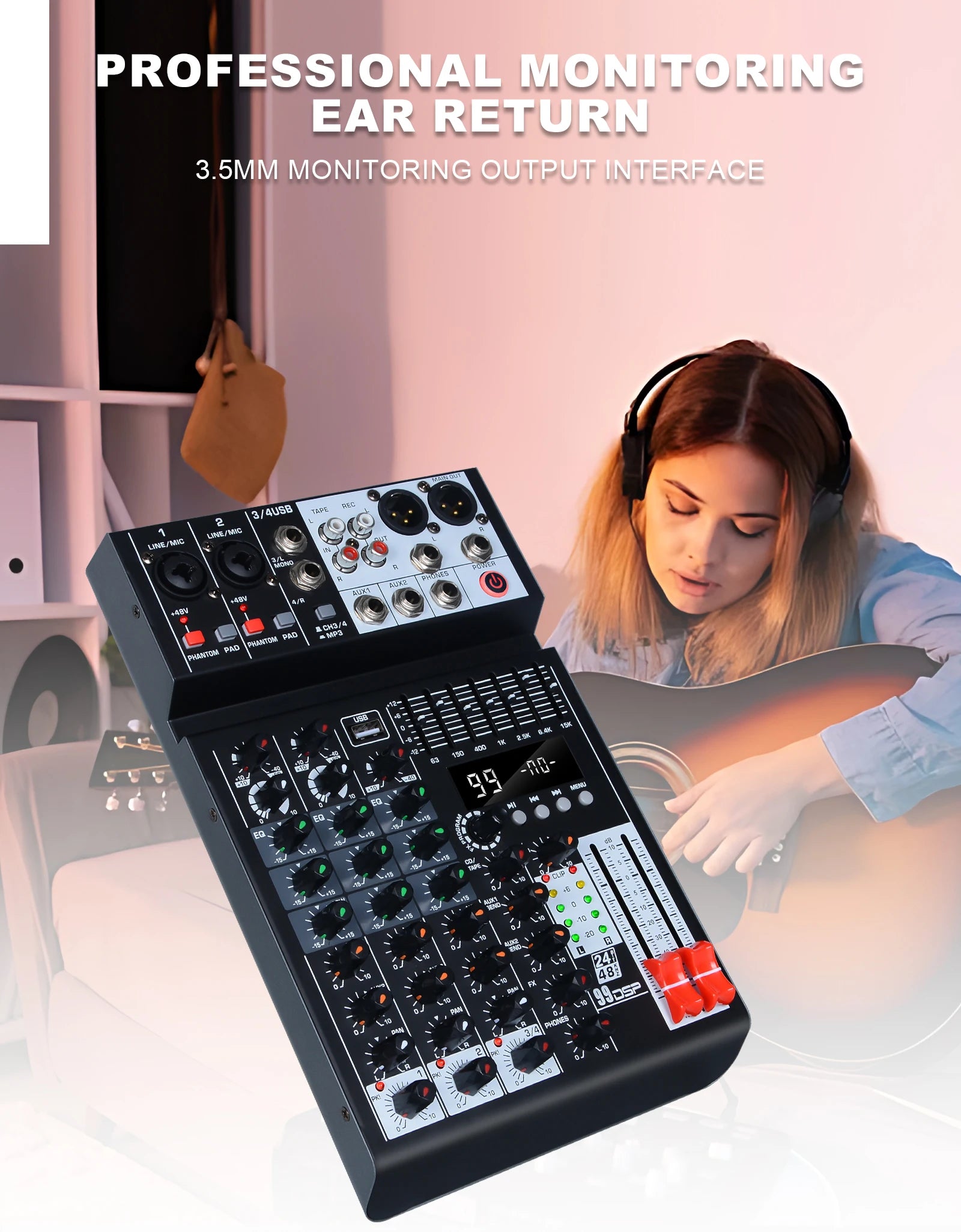 99 effects 4-channel mixing console with balance adjustment function Digital USB Bluetooth Echo Delay Effect 48V Stereo
