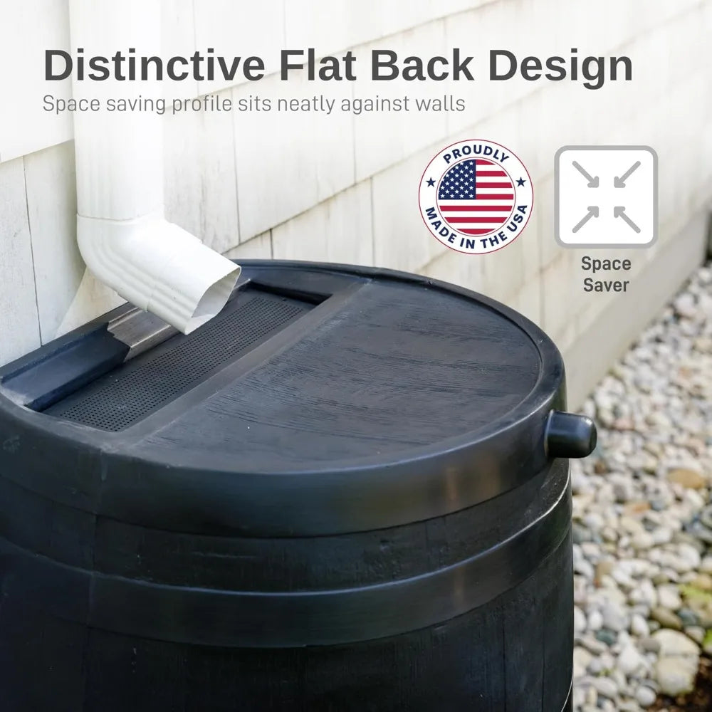 50 Gallon ECO Rain Barrel Flat Back Design 100% Recycled Plastic Rainwater Collection Tank Black