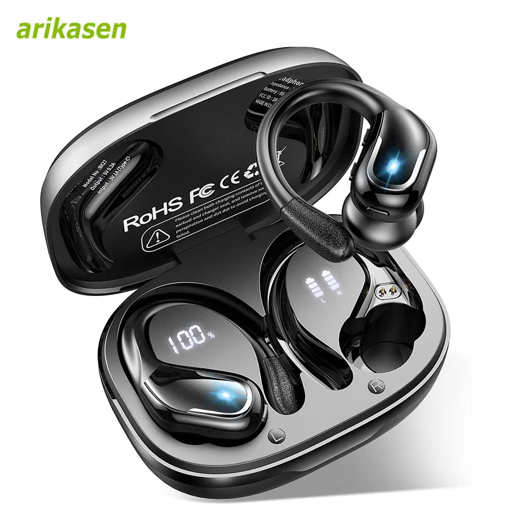 Bluetooth 5.3 Headphones Pure Bass Sound with Earhooks 75H Battery Over Ear Headphones with Dual-LED Display IP7 Waterproof