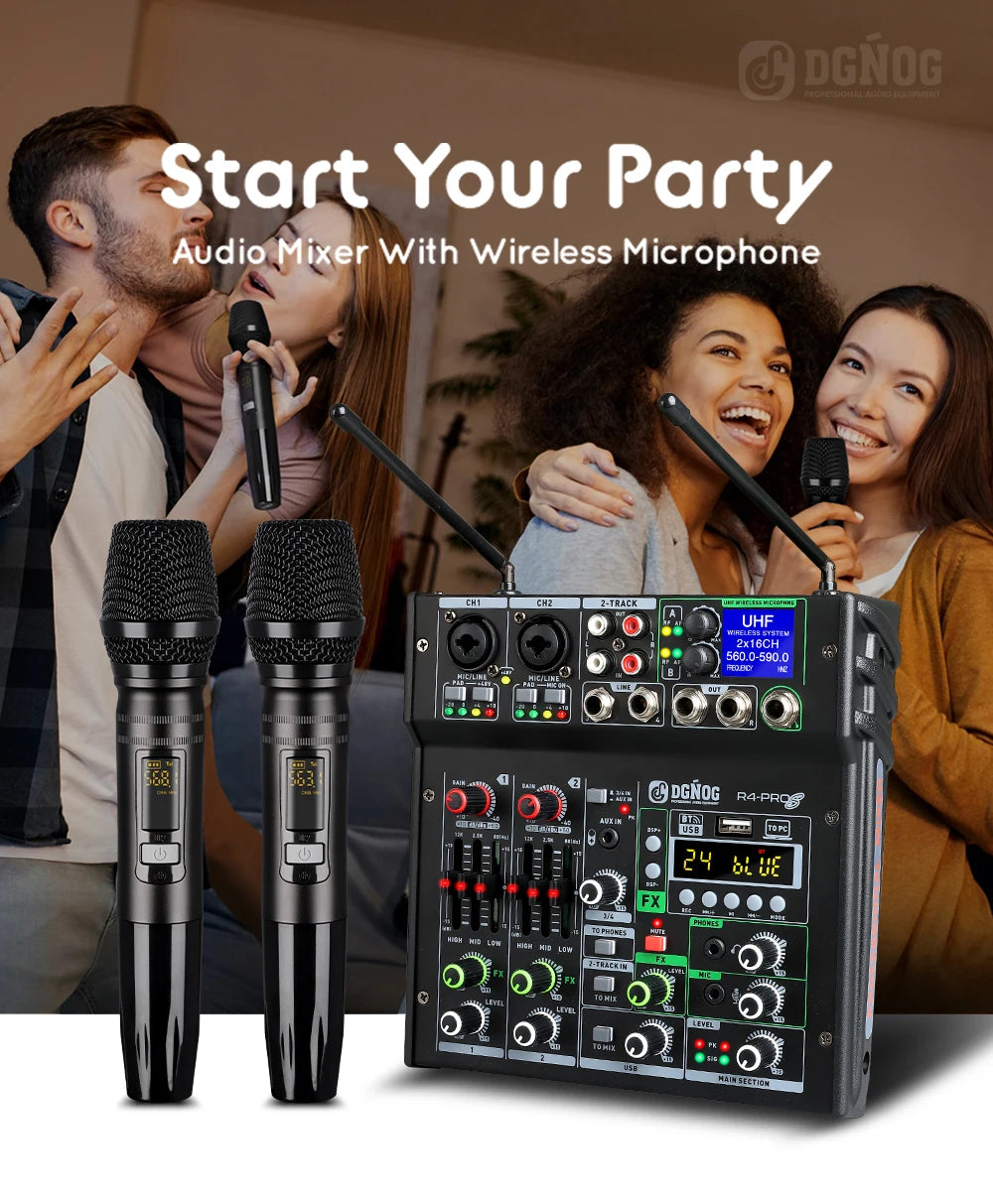 4 Channel Karaoke Audio Mixer with Dual UHF Wireless Microphone USB Bluetooth DJ Mixer for Party Computer Studio Recording DGNOG