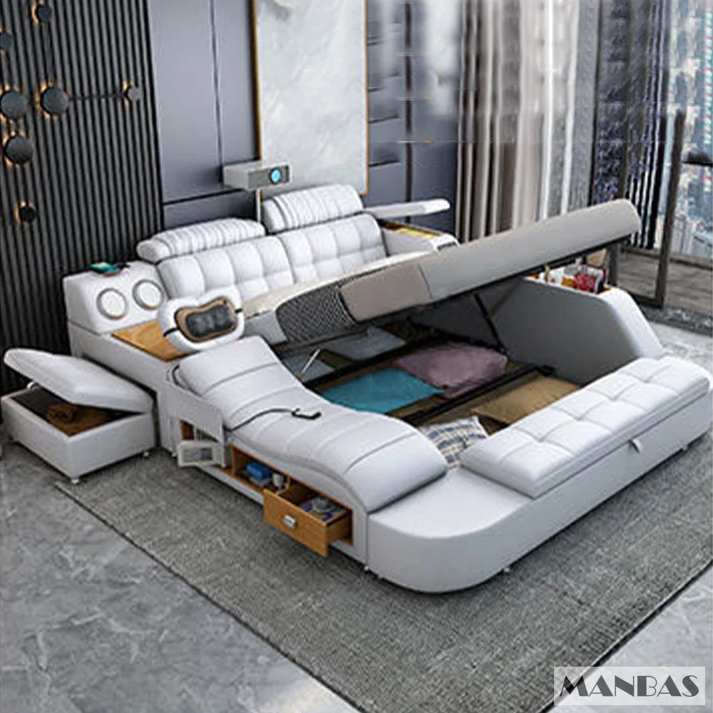 D MANBAS Tech Smart Genuine Leather Bed | Multifunctional Ultimate Beds | Massage Tatami Bed With Projecter | Upholstered Cama