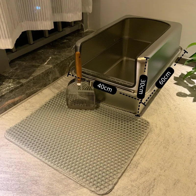 Extra-Large 60cm Cat Litter Box Stainless Steel Cat Poop Tray Raised Fence Cat Toilet Odor-Proof Anti-Splash Pet Litter Box