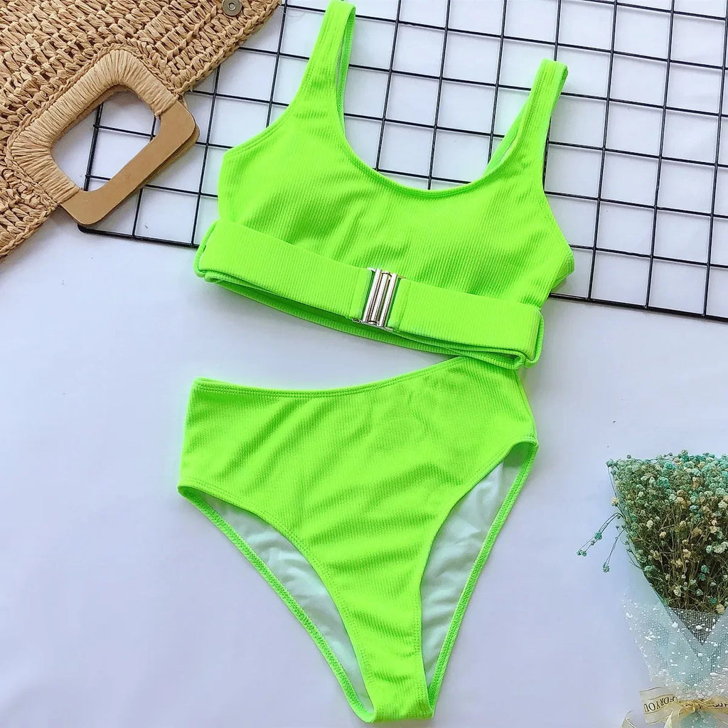 2025 Sexy Neon Green Bikini Set Women Push Up Buckle Push Up Swimsuit Summer Solid White Bathing Suit Beach High Waist Swimwear