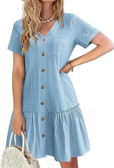 Casual Cotton Linen Summer Mini Dress For Women V-Neck Ruffles Short Sleeve Short Dress Ladies Fashion Loose Button Dresses