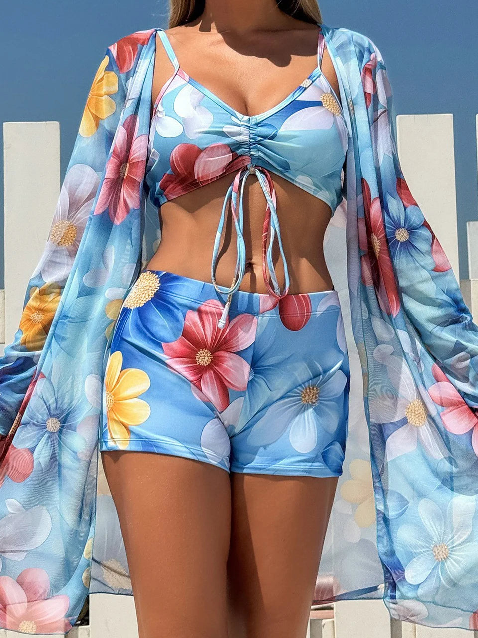 3 Pieces Tie Dye Bikinis Swimsuit 2025 New Women Drawstring Front Swimwear Female High Waist Shorts Bathers Swim Suit Beachwear