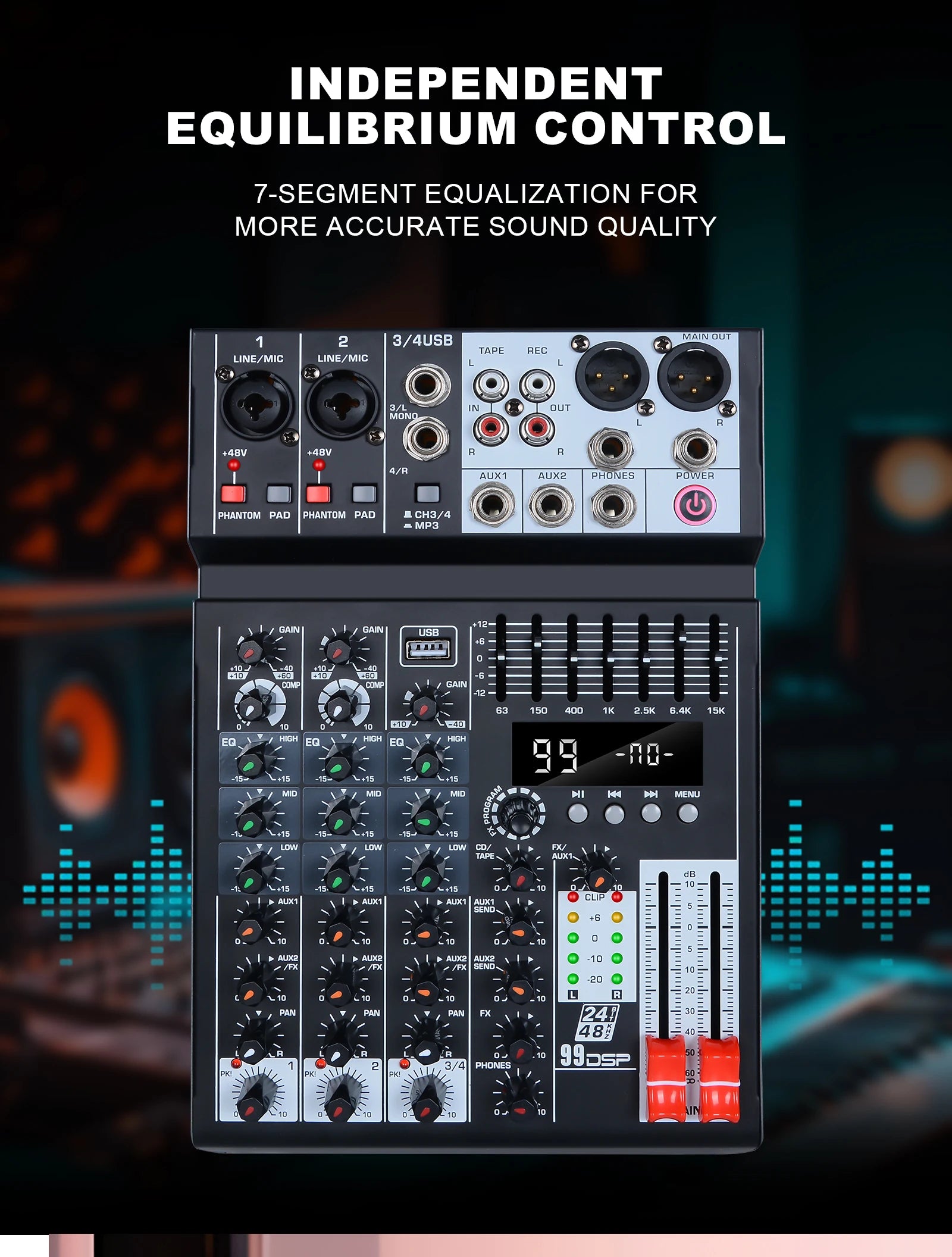 99 effects 4-channel mixing console with balance adjustment function Digital USB Bluetooth Echo Delay Effect 48V Stereo