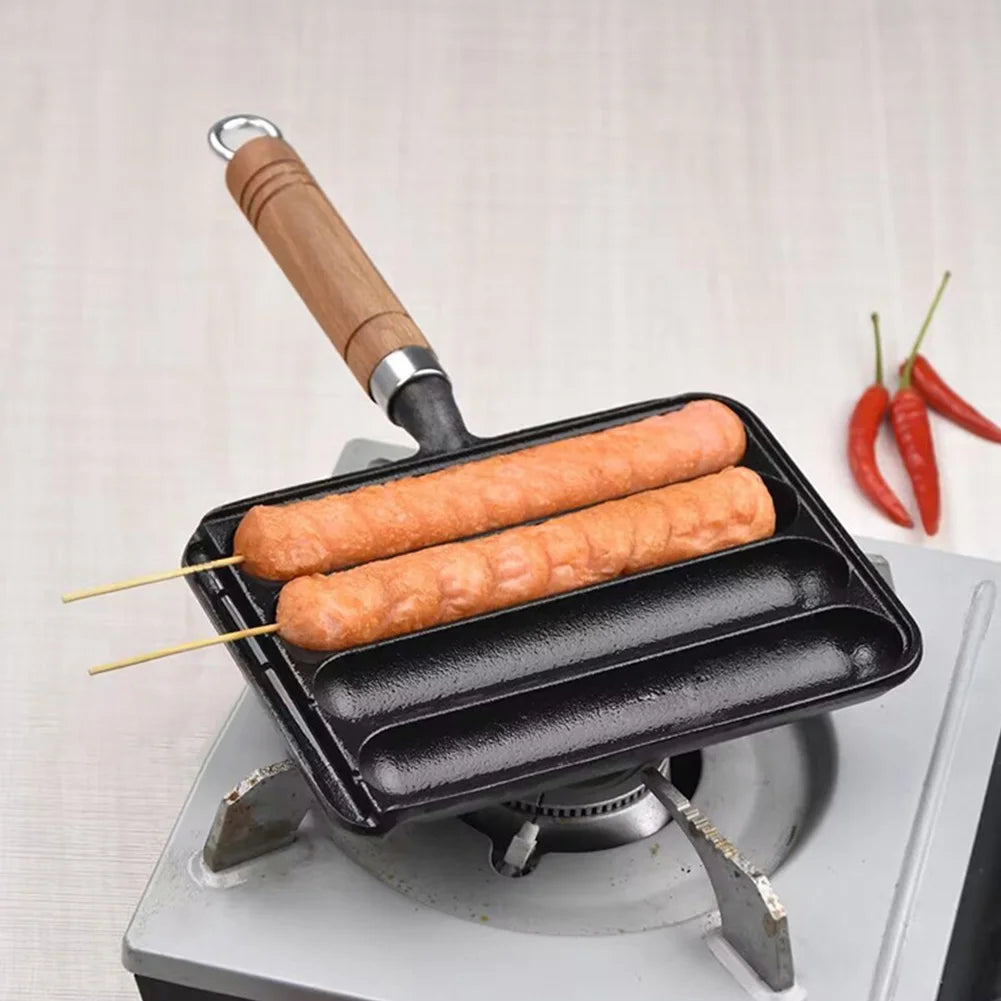 Cast Iron Pre-Seasoned Pot Non-Stick Pre-Seasoned Grilled Sausage Pot with Wooden Handle Hot Dog Mold Pan BBQ Supply Grilled Pot